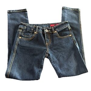 VIGOSS JEANS GOLD STITCHING WOMENS SZ 3/4 27 ZIPPER 5 POCKET DARK WASH MID RISE